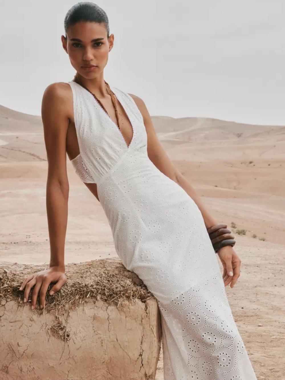 Zara White Embroidered V-Neck Midi Dress